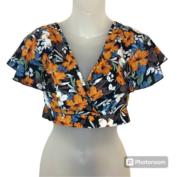 SHEIN Floral Print Tie Back Crop Blouse Size XS - Picture 2 of 7